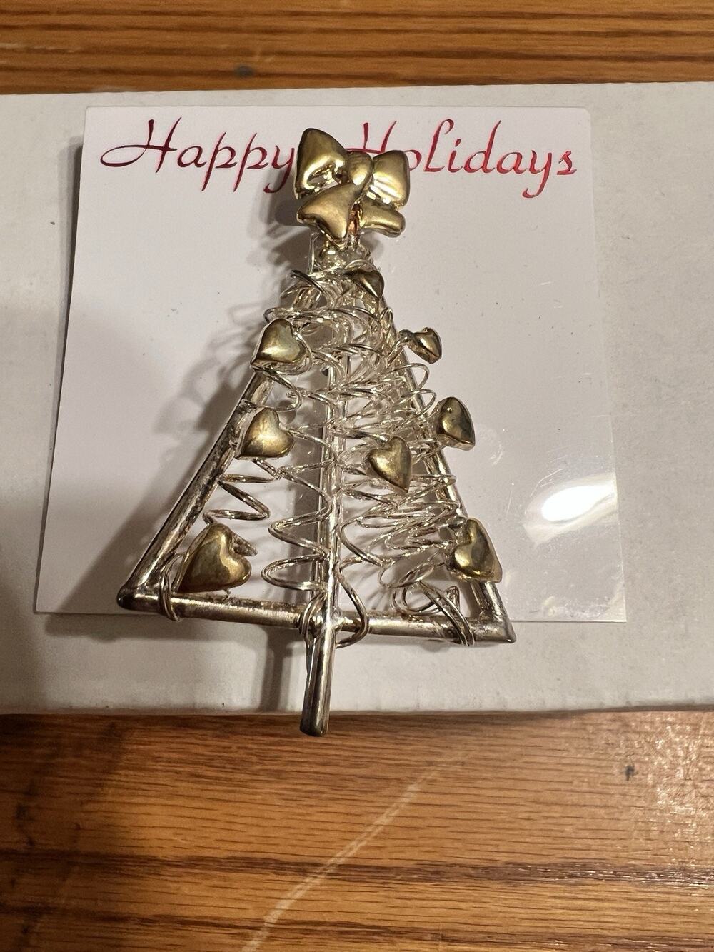 Happy Holidays Christmas Tree Brooch Pin, Gold Color w/ Gold Hearts.